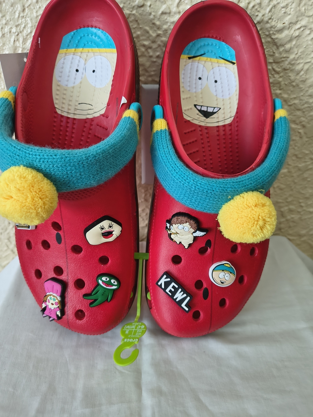 Mens Limited Edition South Park Crocs with Blue Strap and Yellow Pom-Pom